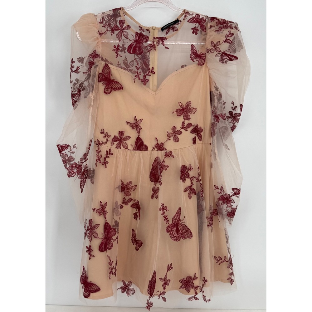 Double Crazy Womens Butterfly‎ Embroidered Mesh Puff Sleeve Mini Dress Nude Sz L